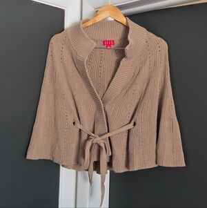 Elle tan brown belted capelet cardigan sweater with buttons